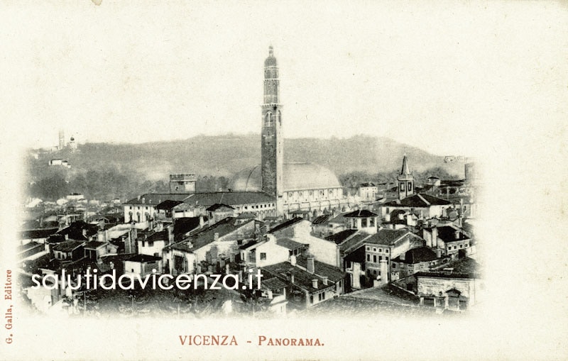 Panorama di Vicenza con la Basilica Palladiana. Cartolina d'epoca del primo '900