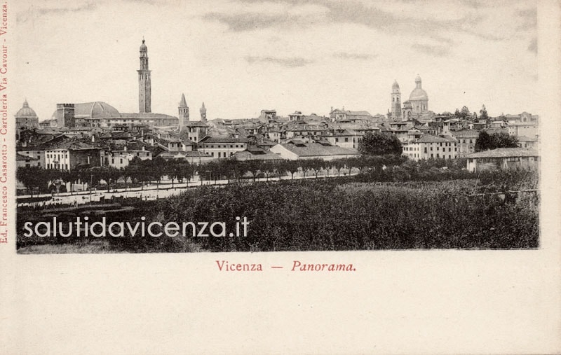 Panorama di Vicenza e del viale Margherita. Cartolina d'epoca del primo '900.