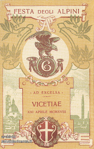 Cartolina antica commemorativa per l'adunata degli Alpini a Vicenza nel 1918