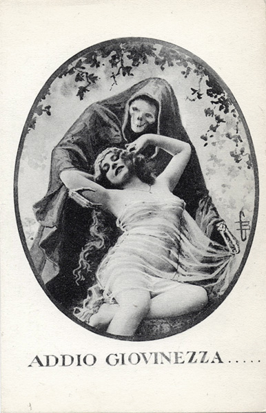 cartolina illustrata macabra con morte che abbraccia