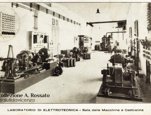 Laboratorio Elettrotecnico, cartolina postale del 1928 ITIS Rossi, laboratorio di elettrotecnica, sede di Santa Corona