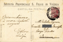 Saluti e auguri spediti nel 1923 dall'Istituto provinciale di Vicenza. Cartolina antica di Vicenza con intestazione del manicomio provinciale