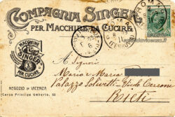 Un'interessante e dettagliata cartolina pubblicitaria con indirizzo del negozio specializzato a Vicenza, spedita nel 1909. Riconoscere e conservare le cartoline d'epoca: pubblicità Singer